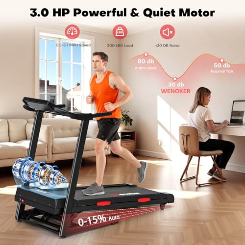 Treadmill with Incline for Home, WENOKER 15% Auto Incline Treadmill with Handrail 300 lbs Capacity, 3.0HP Quiet Walking Pa...