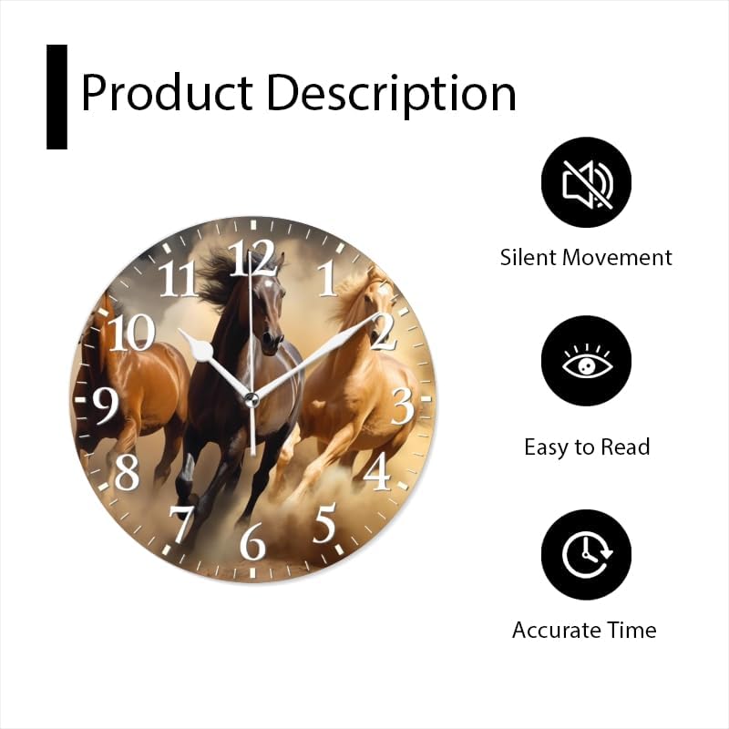 Horses Wall Clock Non-Ticking Silent Clocks Battery Operated Analog Decor Clock for Home-Three Horses Run Through The Desert(10inch)