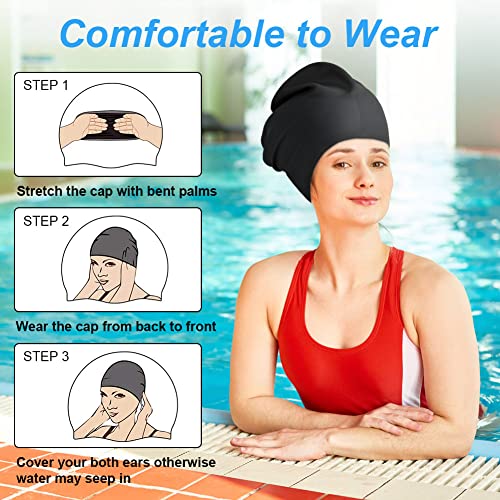 AMFUN Swimming Cap for Long Hair, Extra Large Swimming Caps for Women & Men, Silicone Adult Swim Cap, Waterproof Swimming ...