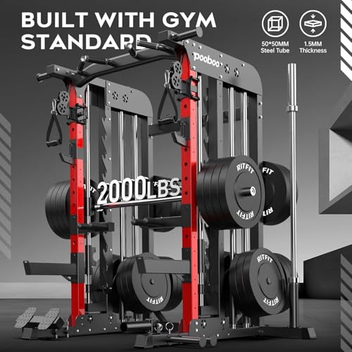 Pooboo Multi-Functional Machine Power Cage, 2000LB Squat Rack, LAT-Pull Down System, Dual Pulley Cable Crossover System, H...