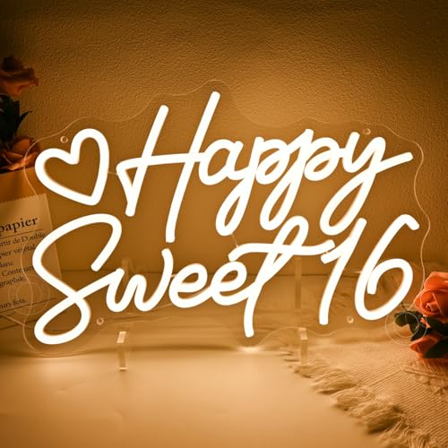 SYLHOME Happy Sweet 16 Led Neon Light Sign Happy 16th Birthday Party Backdrop Wall Sign Decor Sixteen Birthday Banner 15.7...