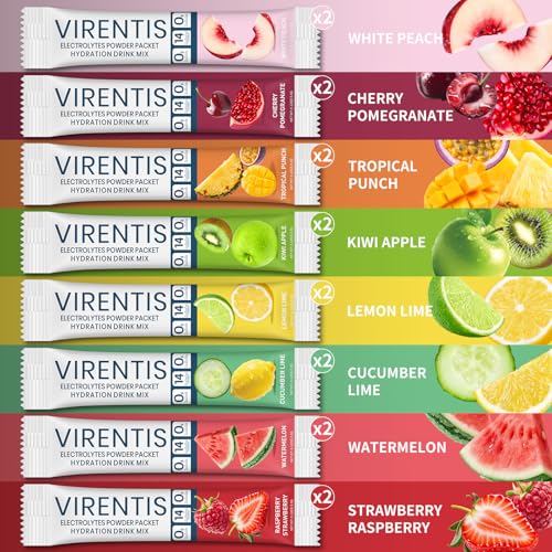 VIRENTIS 16 Sticks Electrolytes Powder Packets Sugar Free Hydration Packets, 8 Flavors Liquid Daily IV Electrolyte Drink M...
