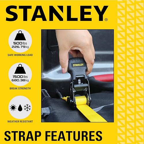 STANLEY S1000 Black/Yellow 1" x 10' Ratchet Tie Down Straps - 500 lb Safe Working Load / 1,500 lbs Break Strength, 8 Pack
