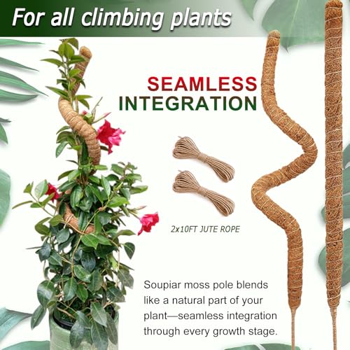 Soupiar 2 Pack 48'' Bendable Moss Pole for Monstera & Pothos - Tall Handmade Coco Coir Plant Support Stakes for Large Clim...