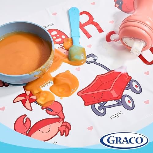 Graco Baby Disposable Stick-On Placemats, 4 Subtle Designs (10 Each), 12"x18" Sticky Placemats with Adhesive Strips for Baby Led Weaning, Home & Restaurant Use, Eco-Friendly