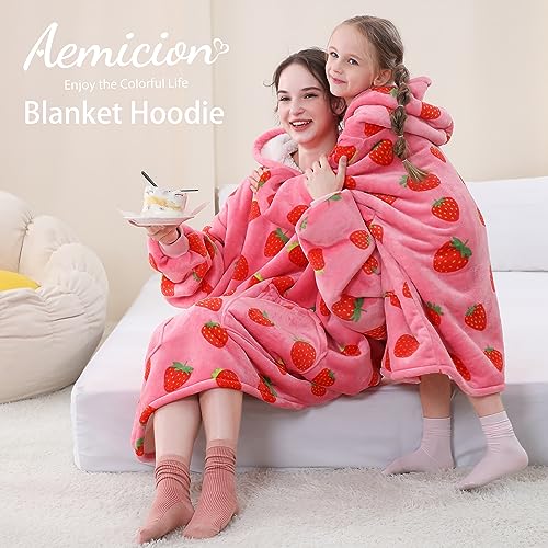Aemicion Strawberry Blanket Hoodie,Oversized Sherpa Wearable Hooded Blanket,Warm Cozy Sweatshirt Gifts for Women Girls Adult