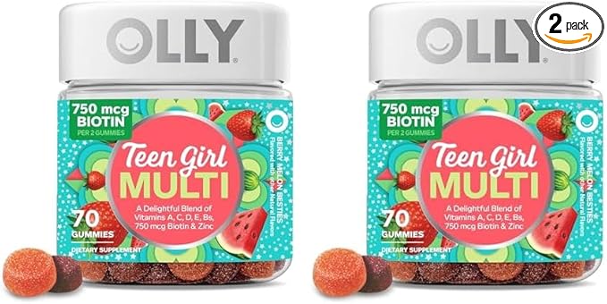 OLLY Teen Girl Multi Gummy, Healthy Skin and Immune Support, 15 Essential Vitamins, Biotin, Zinc, Calcium, Chewable Multivitamin, Berry Melon, 35 Day Supply, 70 Count (Pack of 2)