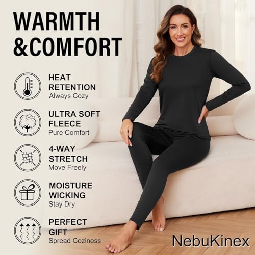 NebuKinex 2 Sets Thermal Underwear for Women Long Johns Ultra Warm Fleece Lined Athletic Base Layer Tops & Bottom Pajama