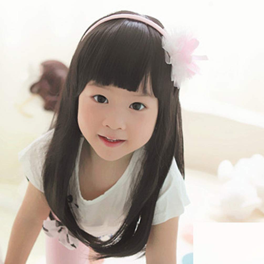 OMORFIEER Black Straight Wigs for Kids Child Flat Bangs Heat Friendly Cosplay Wig