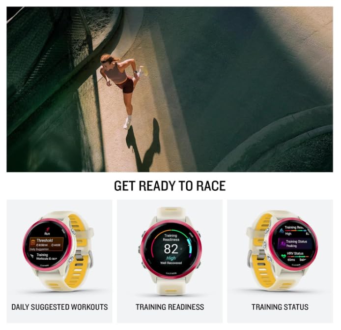 Garmin Forerunner 570 42mm Advanced GPS Running & Triathlon Smartwatch, AMOLED Display, Training & Recovery Features, Raspberry Aluminum w/Translucent Bone/Mango Band w/ Wearable4U PowerBank Bundle