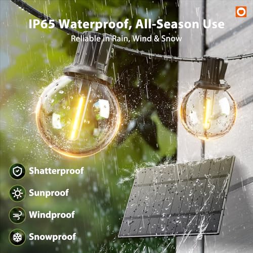 addlon 100FT Solar String Lights Outdoor with Remote, 54 LED Shatterproof Bulbs, Dimmable & Timable, 3 Light Modes, G40 Wa...