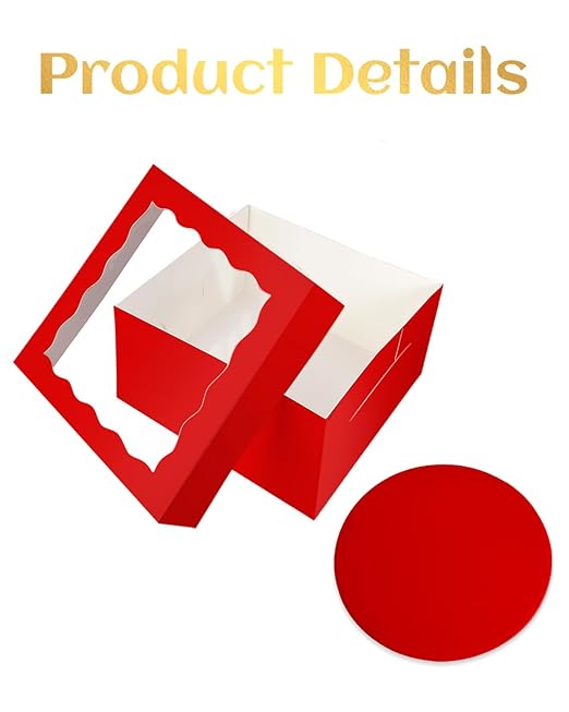 qiqee 12x12x6 Cake Box, 18 Sets Red Cake Box with Window ＆ 18 Sets 12" Red Cake Round Boards, 12inch Cake Containers