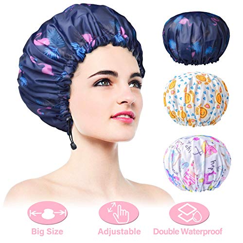 3 Pack Extra Large Double Layer Adjustable Shower Caps for Women, Waterproof Exterior & EVA Lining, Oversized Design for A...