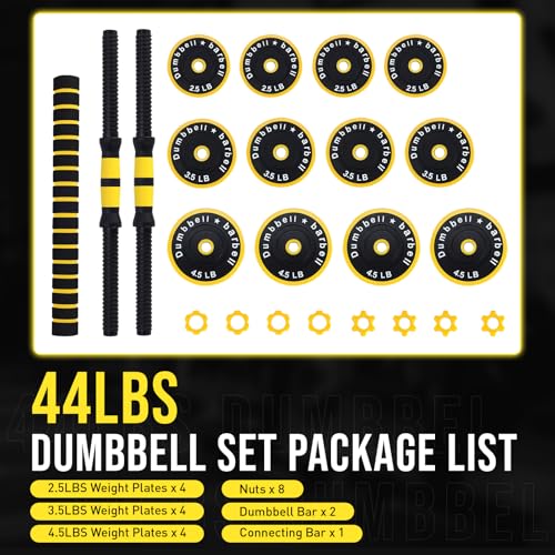 2-In-1 Adjustable Dumbbell and Barbell Set, 44 Lbs Free Weights for Home Gym Strength Training, Dumbbell Set of 2 with Con...