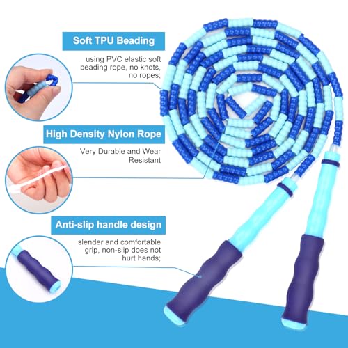 GRAWUN Jump Rope For Kids, Soft Beaded Jump Rope, Adjustable Length Tangle-Free Segmented Soft Beaded Skipping Rope，for Wo...