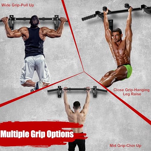 HWOOUSA Wall Mount Pull Up Bar, Heavy Duty Steel PullUp Bar Fits 16" & 24" Wood Studs, Multi Grip Pull Up Bar with Ball Fi...