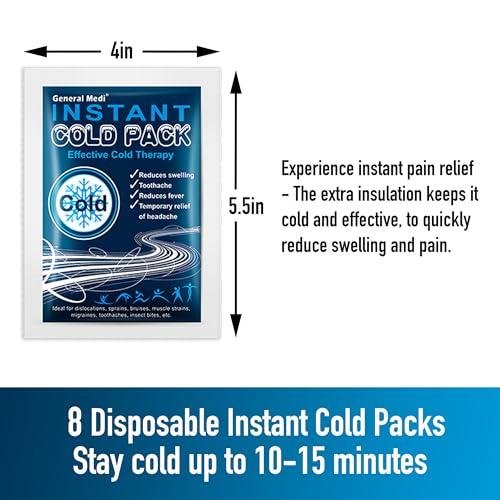 General Medi Instant Ice Cold Pack (4”x 5.5”) – 8 Packs Disposable Cold Therapy Ice Packs for Pain Relief, Swelling, Infla...