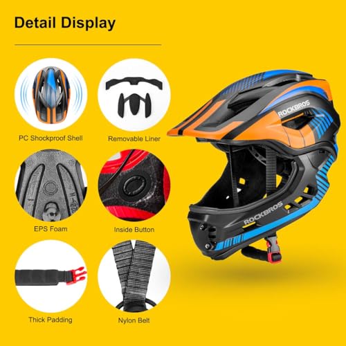 ROCKBROS Kids Full Face Helmet Kids Bike Helmets Lightweight Toddler Mountain Bike Helmet Detachable for MTB BMX Skating C...