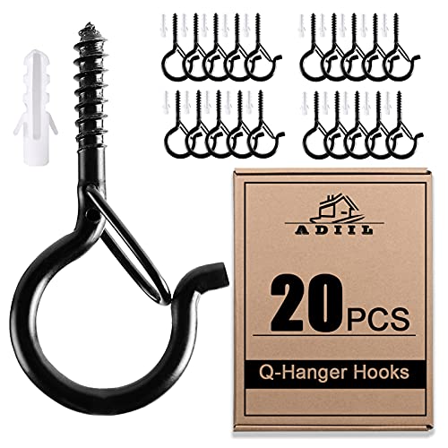 ADIIL 20 PCS Q Hanger Hooks with Safety Buckle, Windproof Screw Hooks for Hanging Outdoor String Lights, Plants, Christmas...