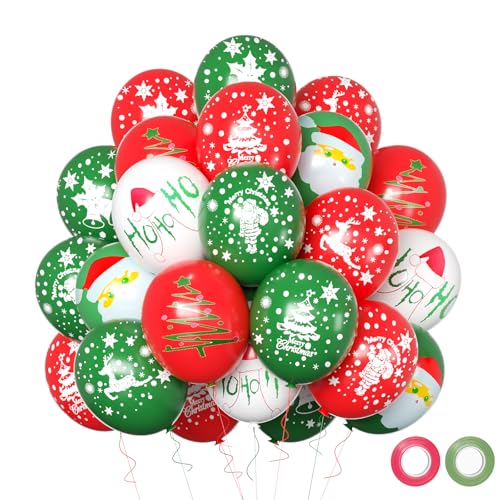 Christmas Balloons, 12 Inch Green and Red Balloons With Ribbon for Christmas Birthday Party Decorations