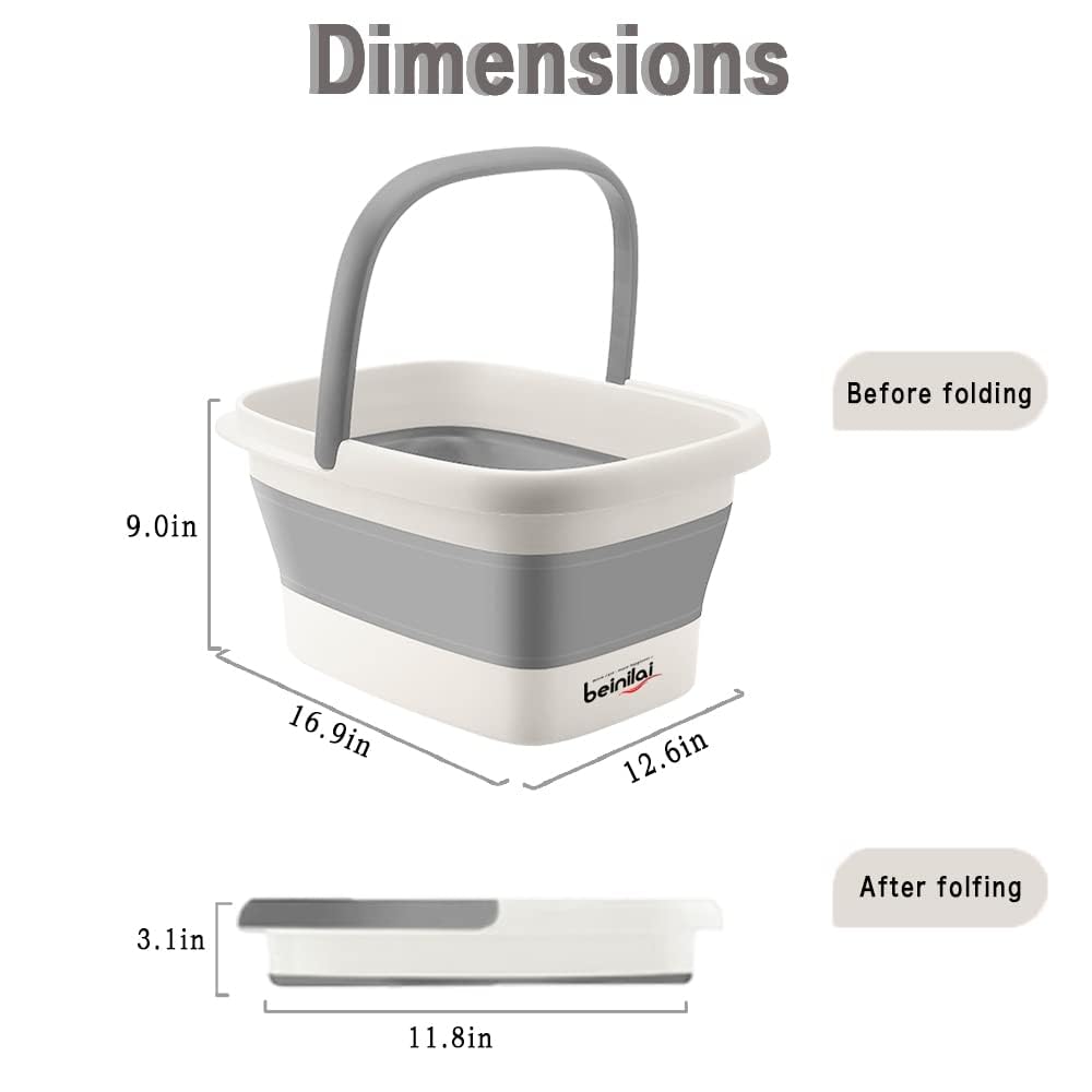 Collapsible Foot Bath Basin for Soaking Feet,Foot Soak Tub,Plastic Foot Bucket with Handles and Massage Acupoint,Foldable Laundry Basket-Gery-1 Pack