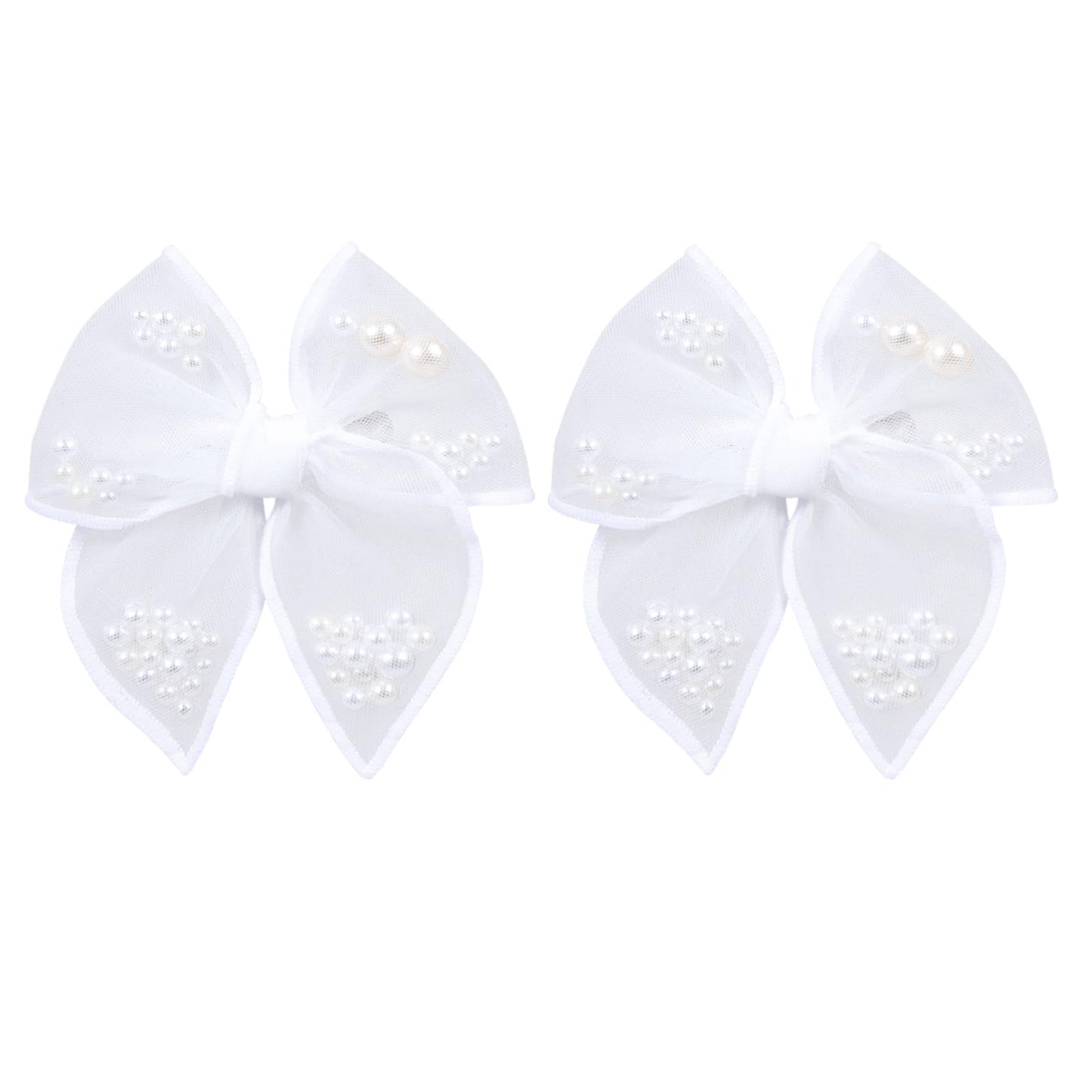 White Pearl Fable Hair Bow Clips for Flower Girls Wedding 4  Mesh Tulle Ribbon Shaker Bow Alligator Hairpins Toddlers Kids Pagea