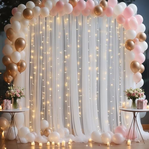 10x10ft White Tulle Backdrop Curtain with Lights String for Parites, Sheer Photo Backdrop Drapes with Lights for Wedding C...