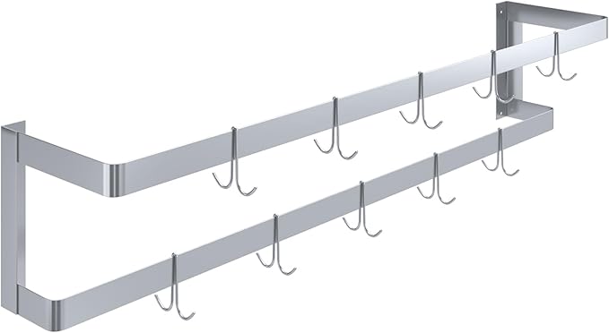 AmGood 60 in. Wall-Mounted Stainless Steel Double-Line Pot Rack. Includes 10 double pring hooks