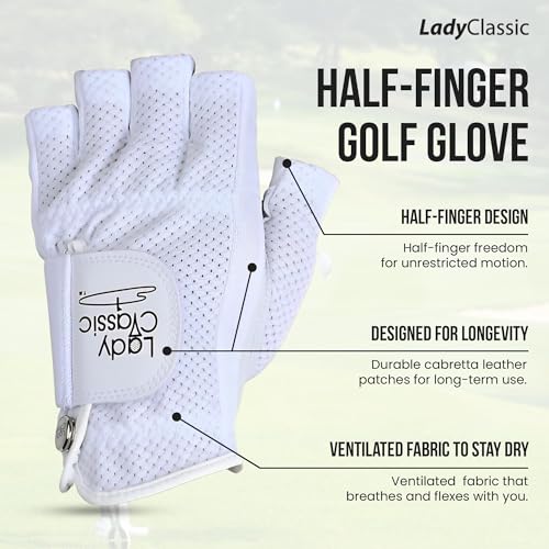 Lady Classic Mesh Half Golf Glove for Women – Premium Cabretta Leather Palm, Breathable Mesh Back, Half-Finger Design Ladi...