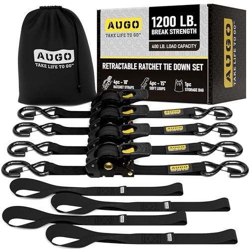 AUGO Retractable Ratchet Straps | 4 Heavy Duty Ratchet Straps Self Retractable Tie Down Straps with Soft Loops & Storage B...