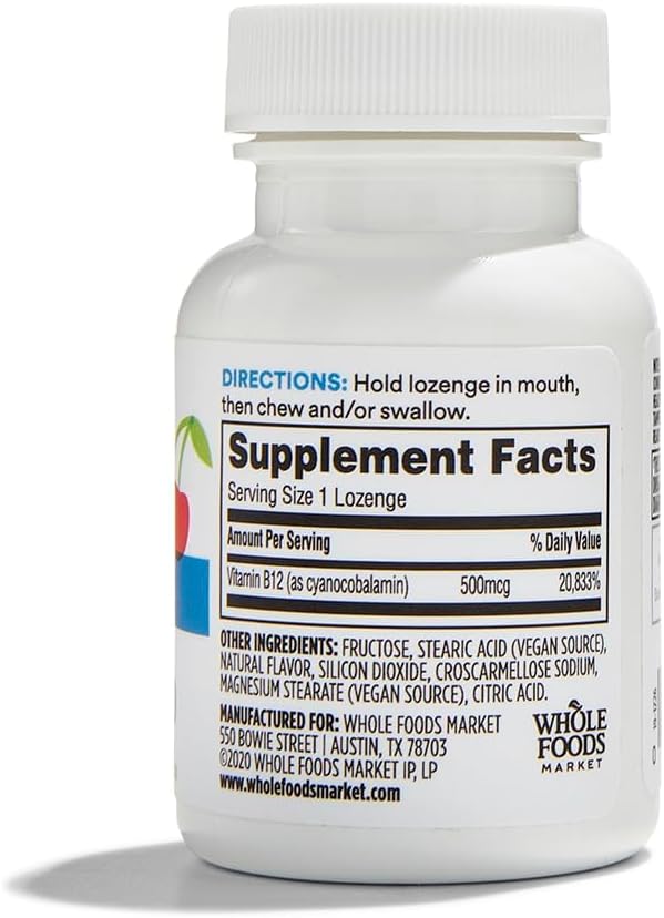 365 by Whole Foods Market, Vitamin B12 500mcg Lozenges, Natural Cherry Flavor, Vegan, 100 Count
