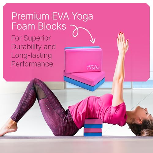 Yoga Blocks 2 Pack with Strap & Guide – Non-Slip EVA Foam Pilates Blocks for Home Workouts, Dance, Ballet, Gymnastics & St...