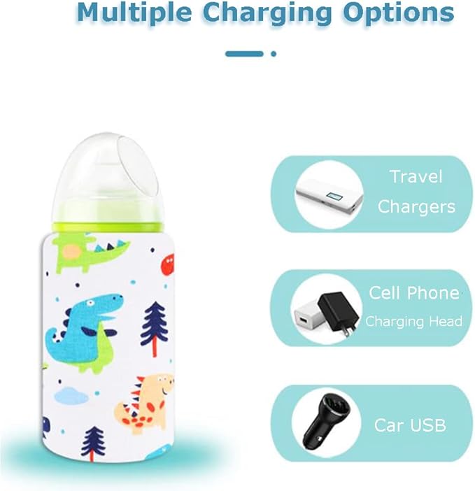 Portable Bottle Keep Warm, USB Travel Milk Heat Keeper, Baby Bottle Keep Warmer for Car Tavel, Storage Cover Insulation Thermostat(Dinosaur, 12)