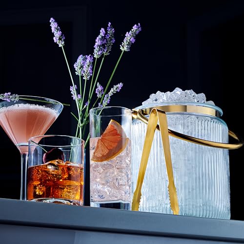 Le'raze Glass Ice Bucket with Airtight Lid, Tong Scooper and Handle - 3L Ribbed Beverage Tub Cocktail Home Bar Accessorie...