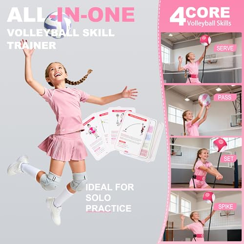 HLXDV Volleyball Training Equipment (No Ball Included): 6-Piece Pink Solo Volleyball Trainer Set with Training Cards for S...