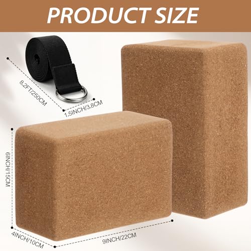 Leitee 6 Pcs Cork Yoga Blocks with Straps 9 x 6 x 4 Inch Cork Yoga Brick 8.2 FT Strap Non Slip High Density Bricks Exercis...