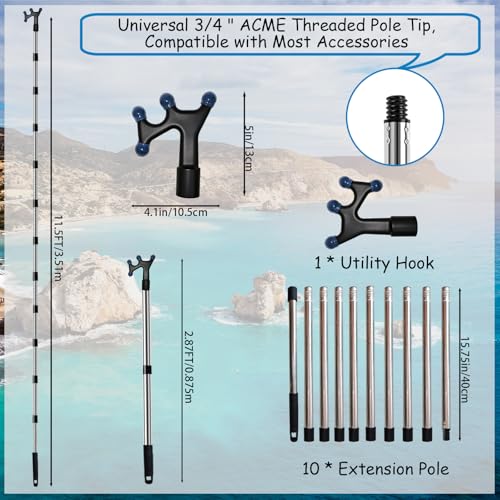 Boat Hook with 3-12Ft Adjustable Extension Pole, Stainless Steel Boat Accessories with Protective Rubber, Durable, Sturdy...