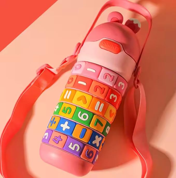 Kids Premium 14 oz Math Water Bottle with Silicone Spout, Leak-Proof Locking Flip Lid, Carrying Strap, Educational, Fun, Learning, Puzzle, Insulated, Stainless Steel Thermos, Sensory, Fidget. (Pink)