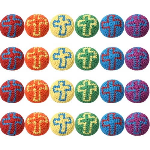Teyva Daily 24 Pcs Christian Knitted Sack Balls Religious Cross Christian Hacky Balls Juggling Ball for Easter Sunday Scho...