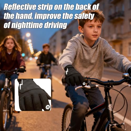 YukiniYa Kids Winter Bike Gloves Warm Water Resistant Anti Slip for Boys Youth 3-15 Years Cycling with Reflective Strip Black