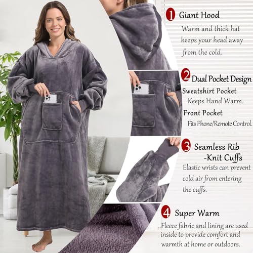 FUSSEDA Oversized Wearable Blanket Sweatshirt, Thick Warm Fleece Cozy Sherpa Hooded with Pockets and Sleeves Gift for Adult