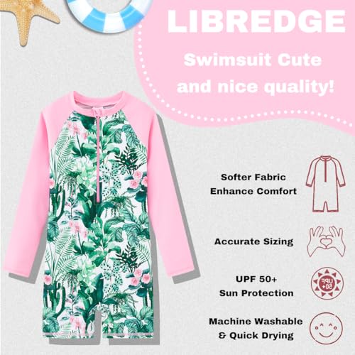 LIBREDGE Girls Long Sleeve Rash Guard Swimsuits Zipper Bathing Suits