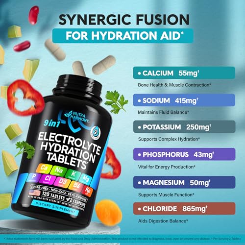 Electrolytes - Electrolyte Tablets with Magnesium, Sodium, Potassium, Chloride, Vitamins D3 & B6, Kelp Powder - Salt Pills...