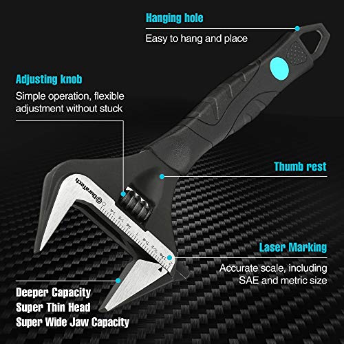 DURATECH 10-Inch Adjustable Wrench, Wide Jaw Opening Black Oxide Finish Plumbing Wrench, CR-V Steel, SAE and Metric Scale ...