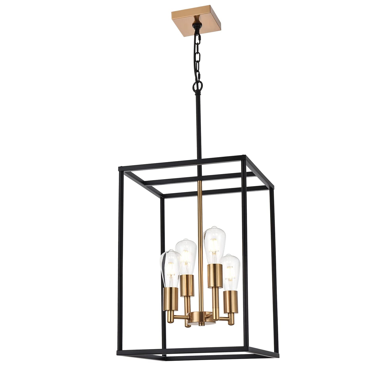 VINLUZ Retro Chandelier 4 Light Metal Square Cage Pendant Lighting Black & Brass Finish for Dining Room & Kitchen Island 270-4BB