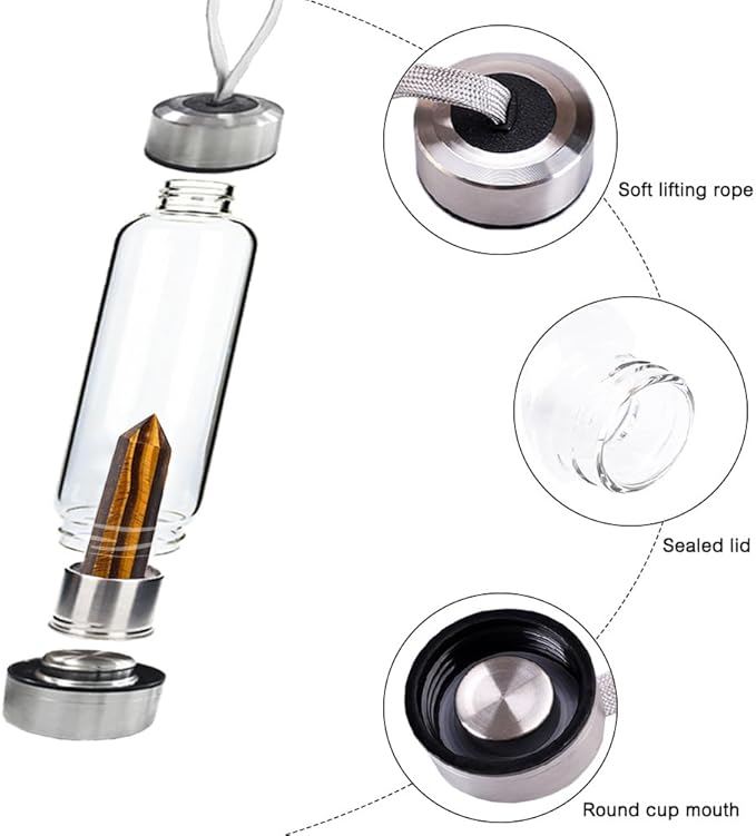 Crystal Glass Water Bottle,Water Bottle With Gemstone Center Crystal Elixir Bottle,Removable Gemstones Creative Water Cup Crystal Column Magic Wand Energy Cup for Gifts (C-Tiger's Eye)
