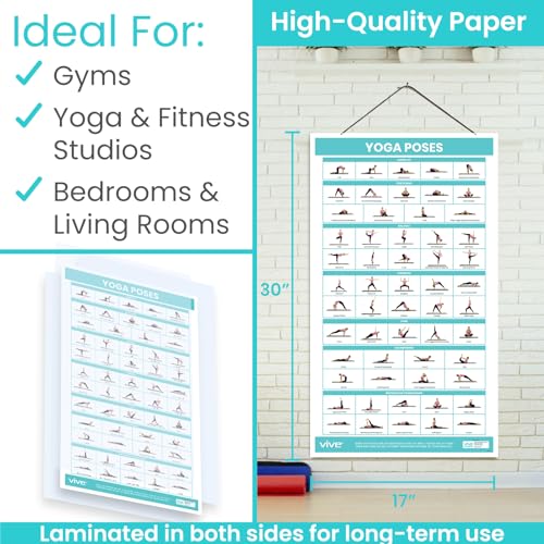 Vive Yoga Poster - Poses for Beginners and Experts - Mat Exercise Home Gym Workout Accessories Set- Double Sided Laminated...