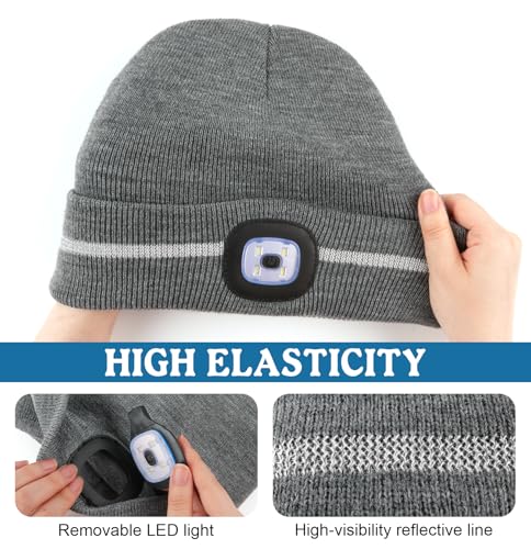 MELASA Reflective Stripe LED Beanie Safety High Visibility Winter Hat with Light for Outdoor Work Sports Gifts for Men Dad