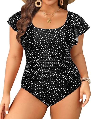 Plus Size One Piece Swimsuit - Women Tummy Control Bathing Suit Ruffle Vintage Swimwear with Sleeves