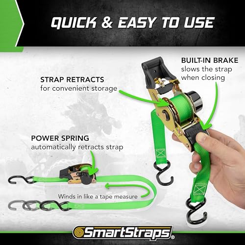 SMARTSTRAPS Retractable Ratchet Tie Down Straps (4 PK) 1,500lb Break Strength, 500lb Safe Work Load, Standard Duty, Secure...
